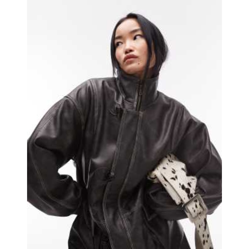 Topshop washed faux leather tie waist jacket with plaid lining in gray