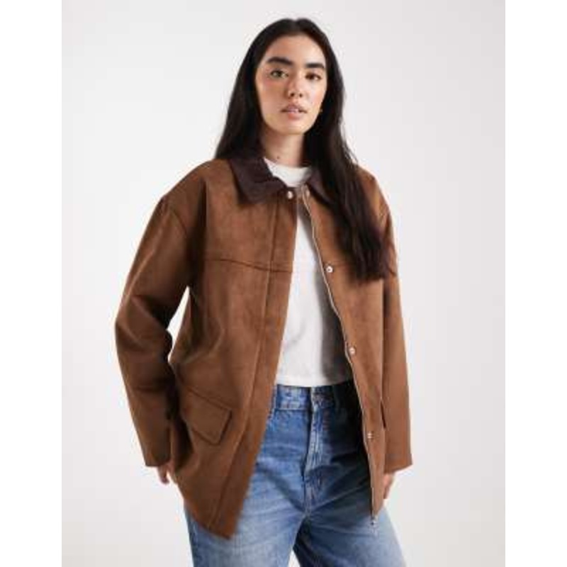 4th & Reckless faux suede contrast collar barn jacket in brown