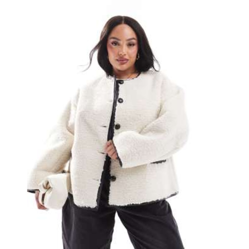 4th & Reckless Plus exclusive button detail faux shearling jacket in cream
