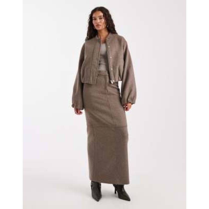 4th & Reckless wool blend soft tailored collarless balloon sleeve bomber jacket and maxi skirt set in mocha