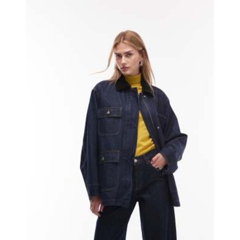 ARKET denim oversized workwear barn jacket in rinse darkwash blue
