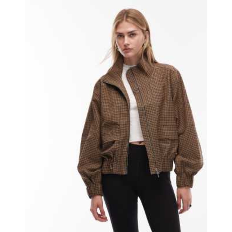 ARKET wool blend stretch bomber jacket with funnel neck in light brown check
