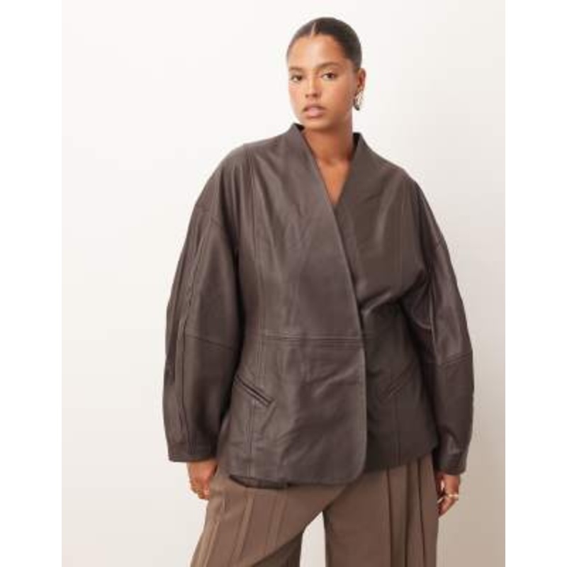 ARRANGE Curve soft leather jacket with cinched waist and ovoid sleeves in chocolate