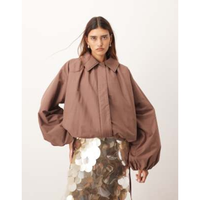 ARRANGE oversized bomber jacket with balloon sleeves in rich brown