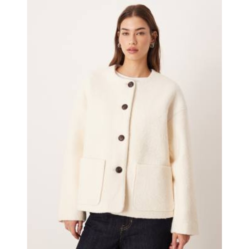 AWARE premium wool mix textured button front cropped jacket in cream