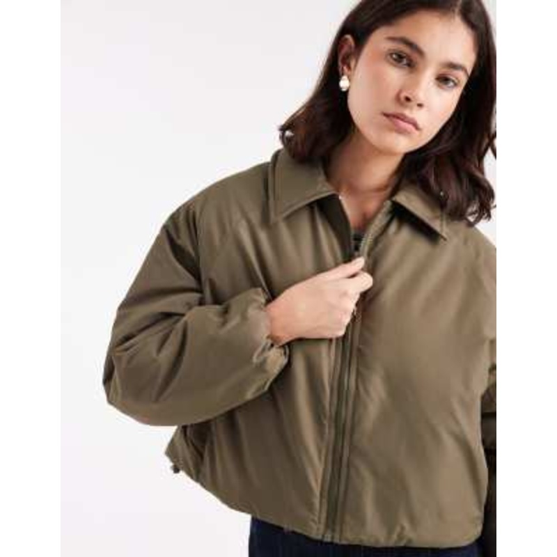 Brave Soul short padded bomber jacket with collar in khaki