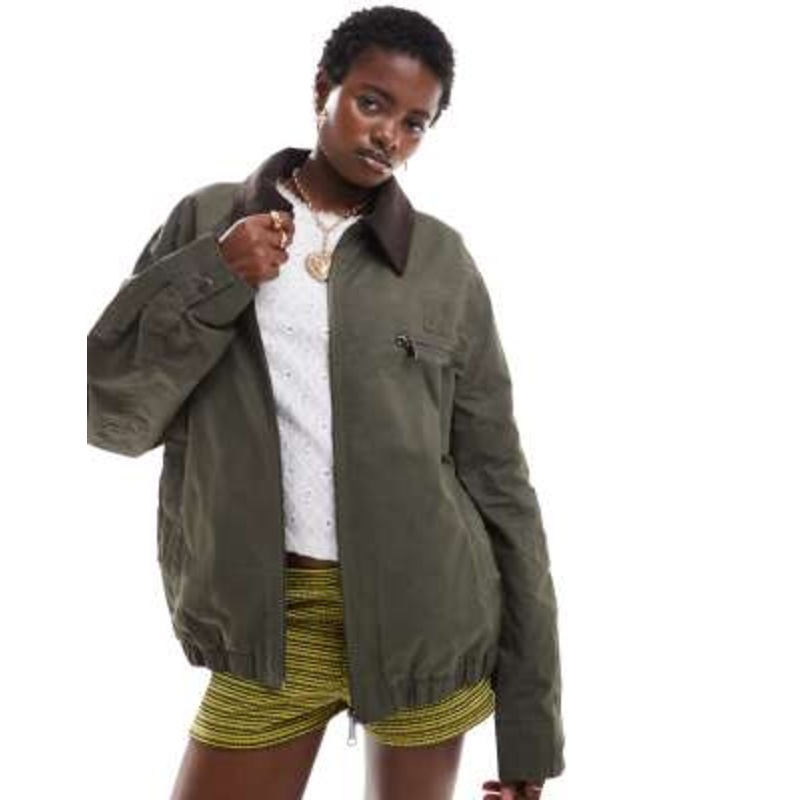 COLLUSION waxed jacket with cord collar in khaki
