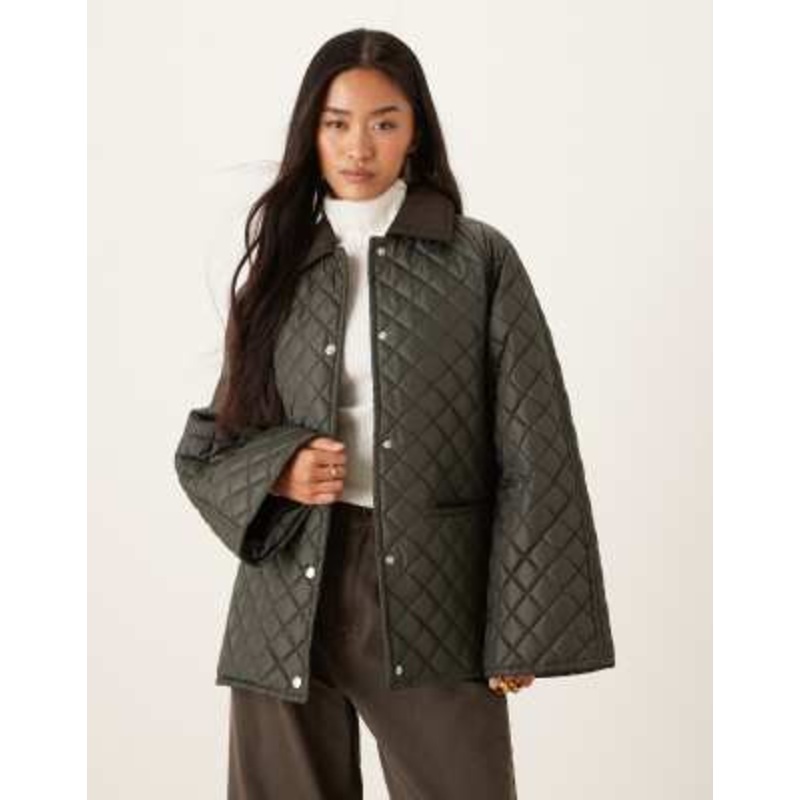 Gina Tricot waxed effect short jacket in dark khaki green with contrast cord collar