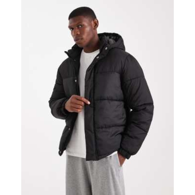 Jack & Jones hooded puffer jacket in black
