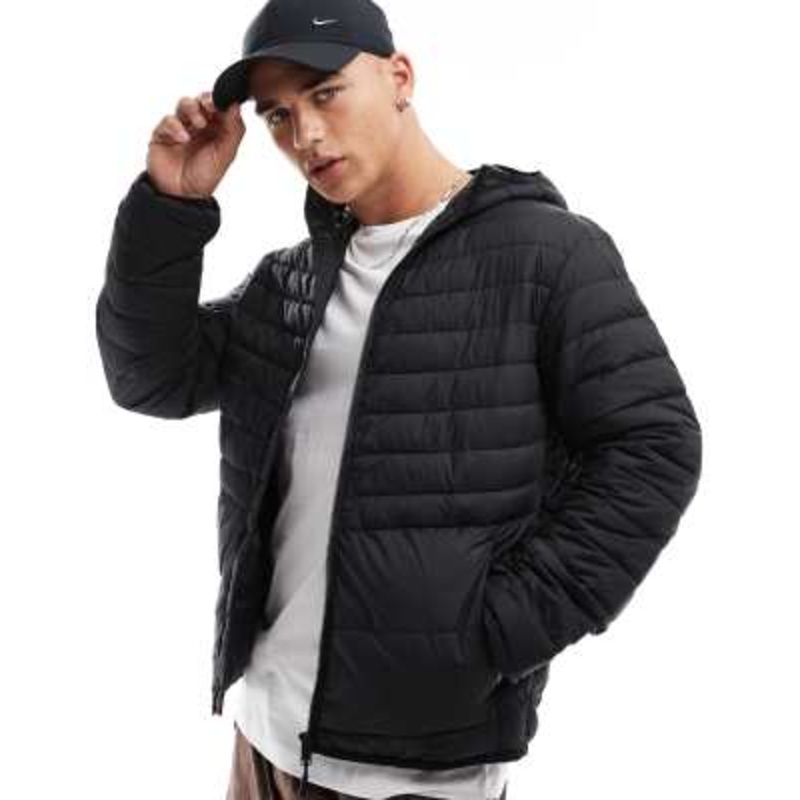 Jack & Jones packable padded jacket with hood in black