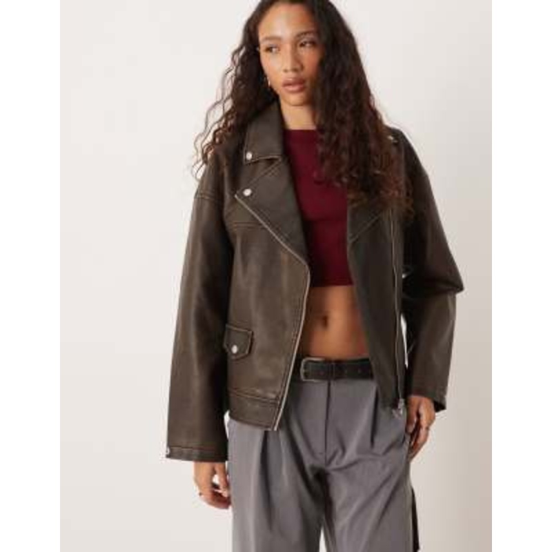 JJXX faux leather moto jacket in brown vintage