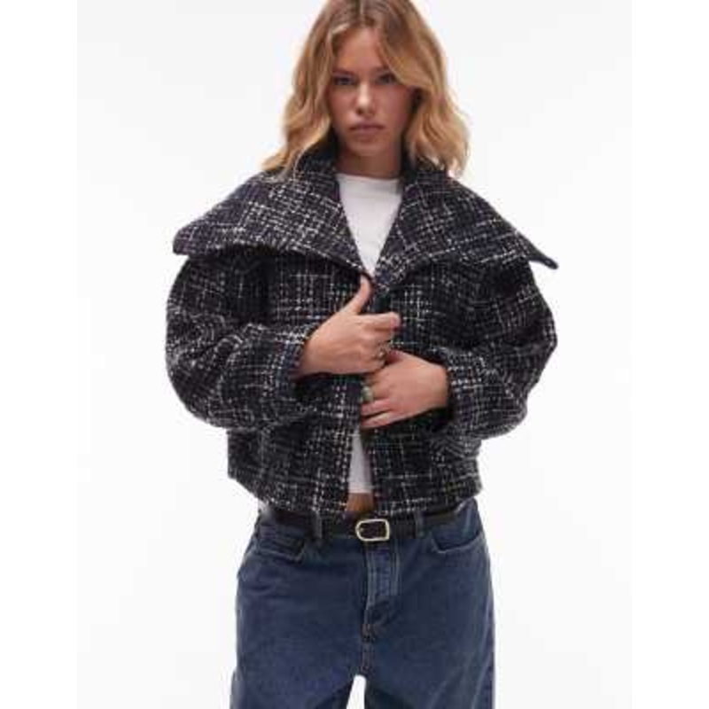 & Other Stories jacquard jacket with statement collar in off black