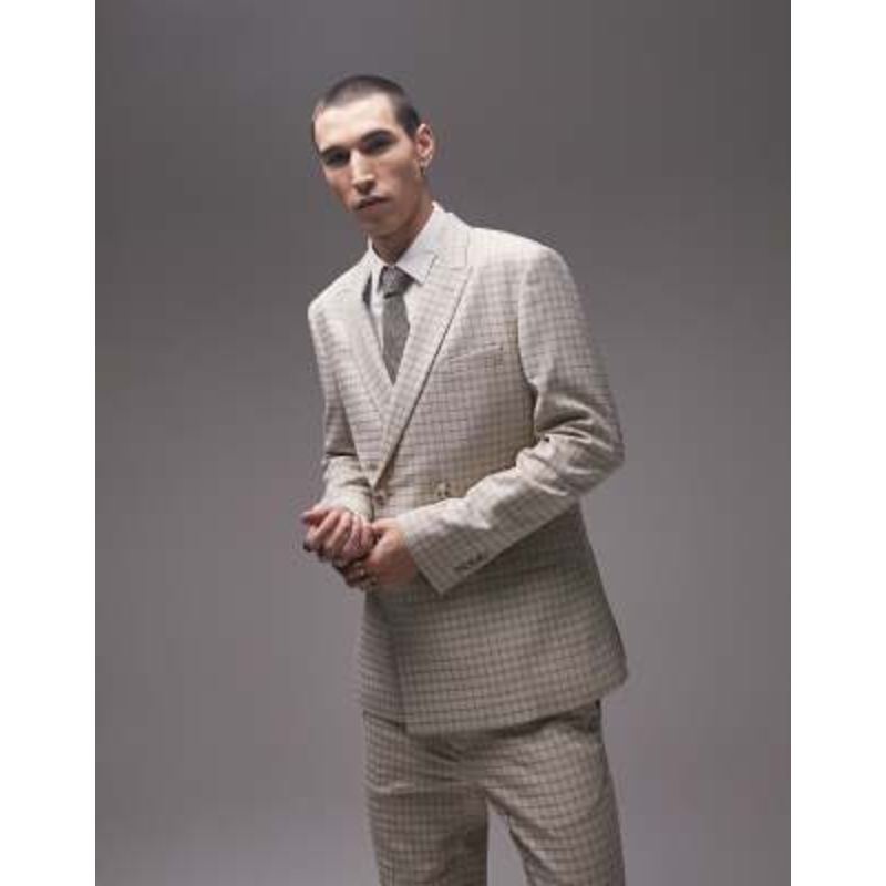 Topman skinny mini check double breasted wedding suit jacket in brown