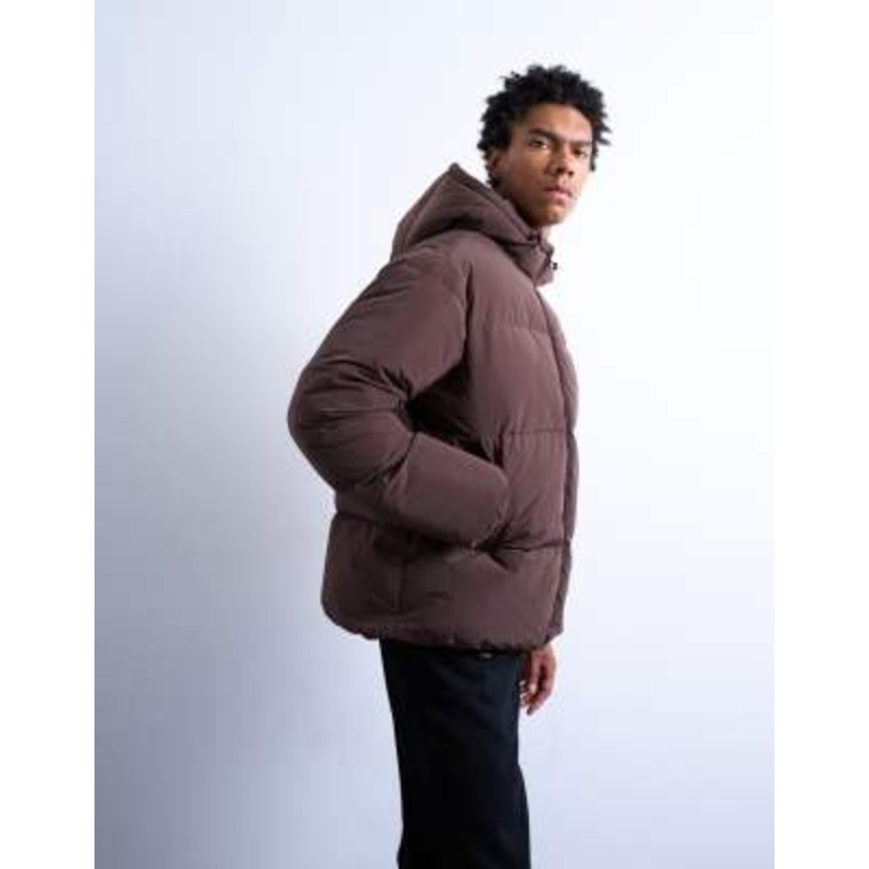 Topman textured puffer jacket in dark brown
