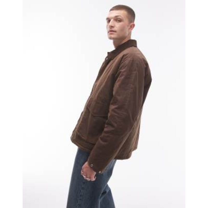 Topman wax look jacket with faux fur collar in brown