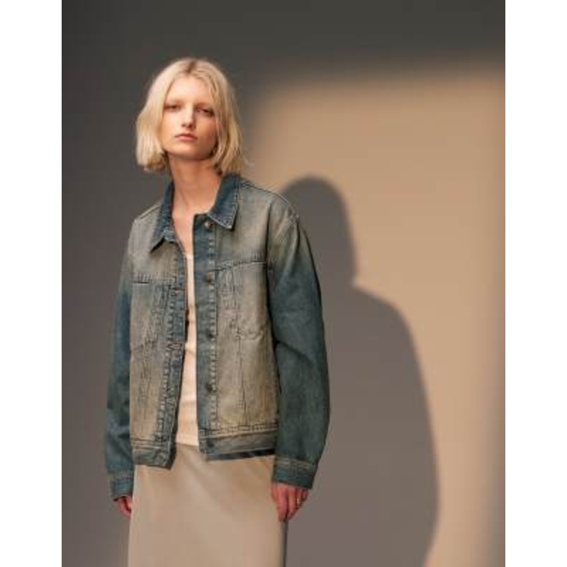 Topshop boxy denim jacket in dirty green