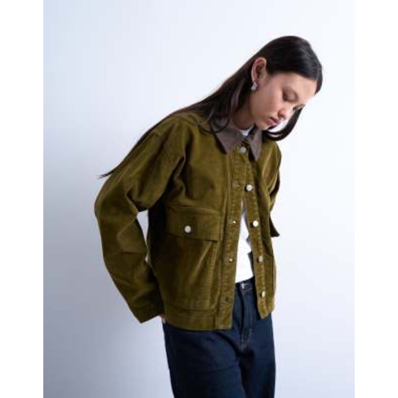 Topshop cut corduroy jacket with contrast corduroy collar in khaki green – part of a set