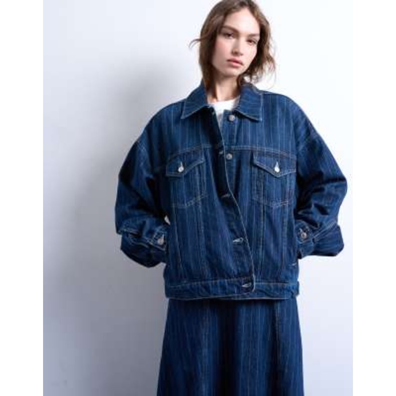 Topshop denim balloon sleeves jacket in indigo stripes