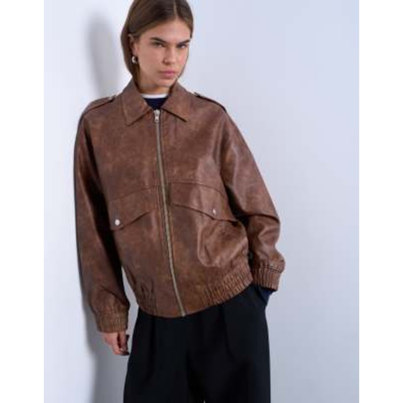 Topshop faux leather bomber jacket in washed brown