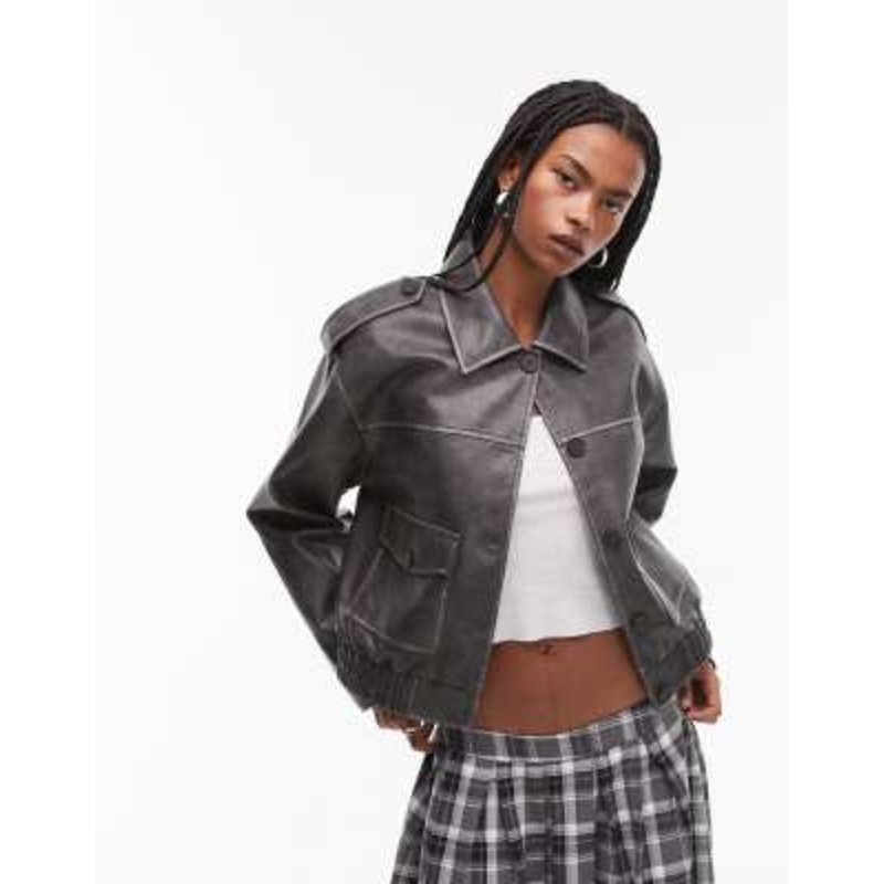 Topshop faux leather cropped button thru patch pocket bomber jacket in washed black