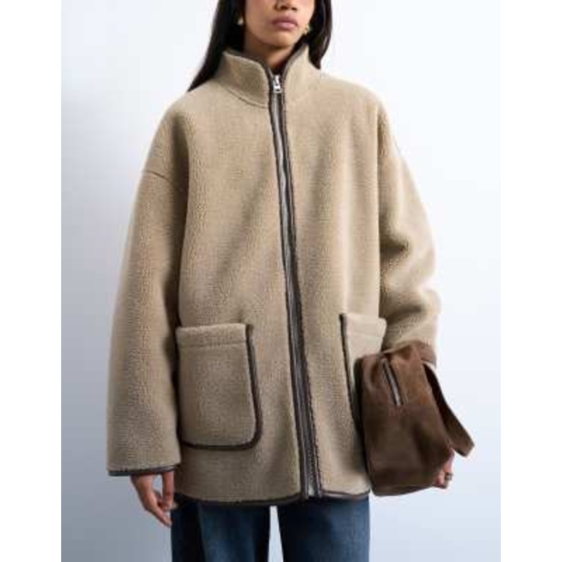 Topshop longline high neck faux shearling jacket in teddy