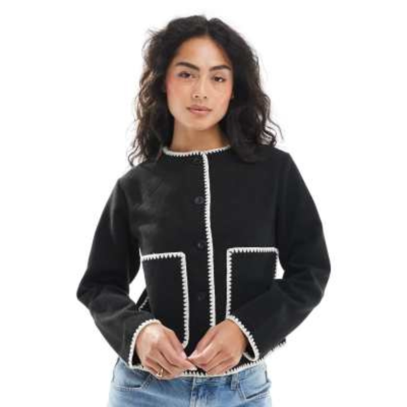 Wednesday’s Girl blanket stitch boxy jacket in black