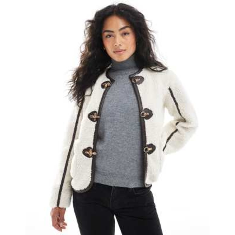 Wednesday’s Girl teddy clasp detailing cropped jacket in cream