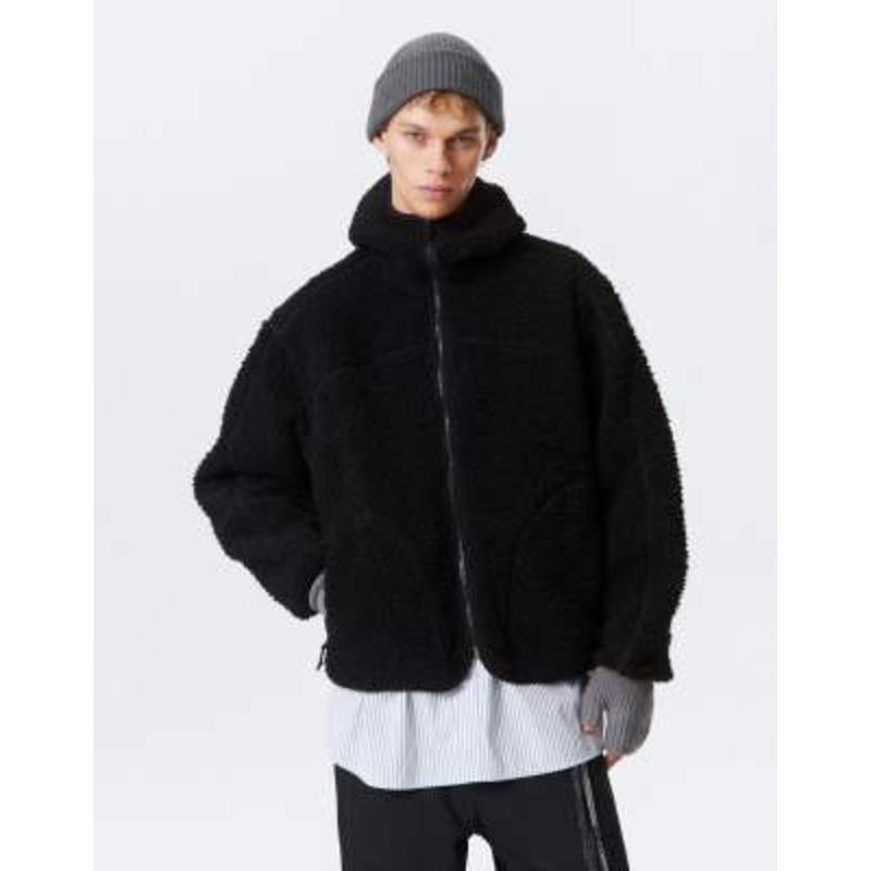 Weekday zip up pile jacket in black