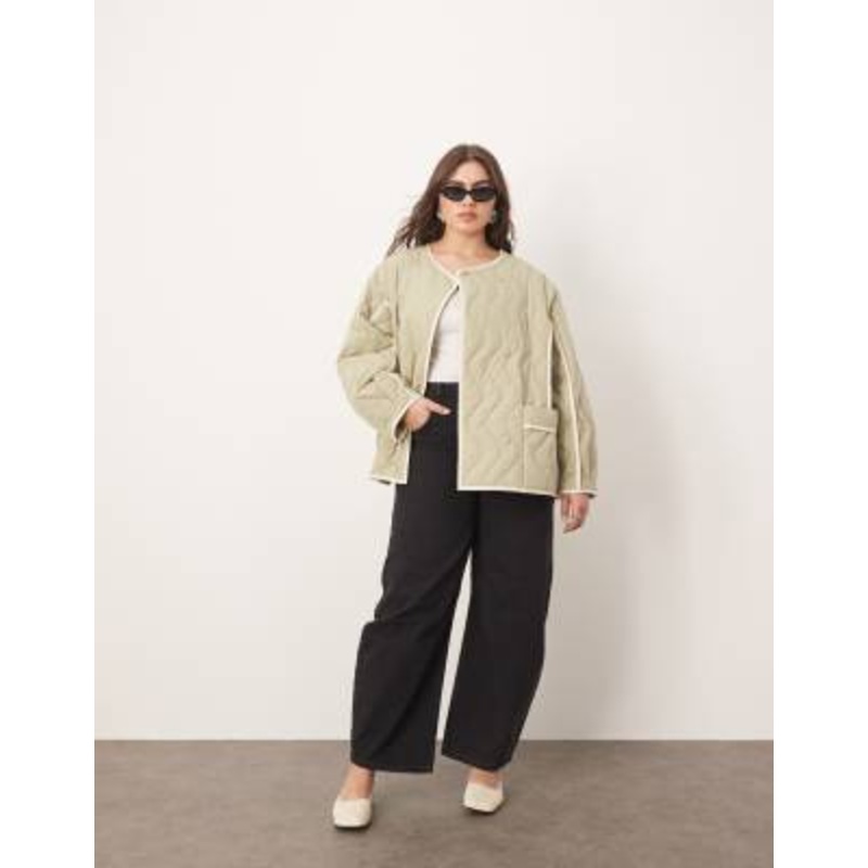 ARRANGE Curve quilted oversized jacket with contrast trim in sage