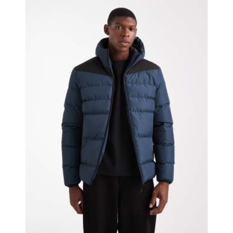 Brave Soul short hooded puffer jacket with panel detail in navy