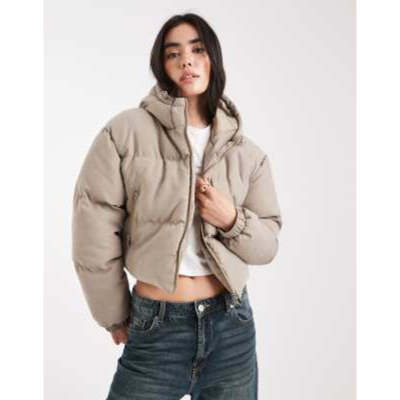 Brave Soul short puffer jacket with hood in taupe
