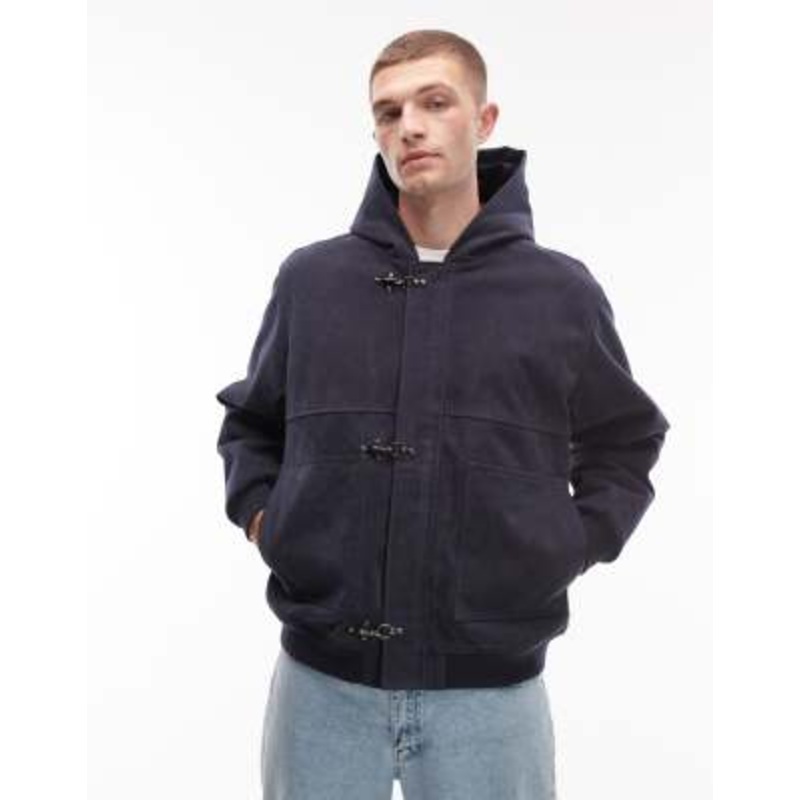 COLLUSION hooded suede look jacket with hardware trim in navy