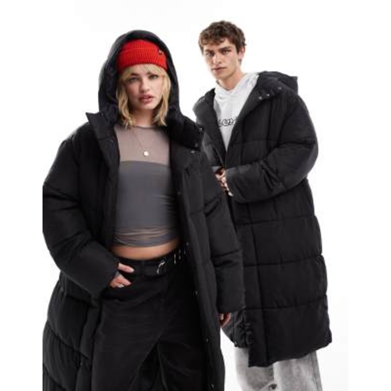 COLLUSION Unisex maxi puffer jacket with hood in black