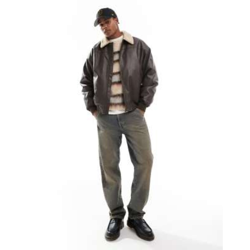 Cotton On faux leather flight jacket with shearling collar brown