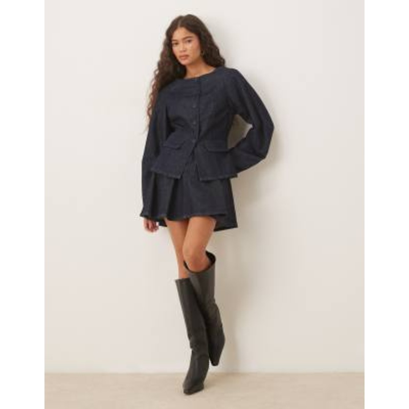 DESIGN denim peplum jacket with button detail and pleated mini skirt in dark mid blue