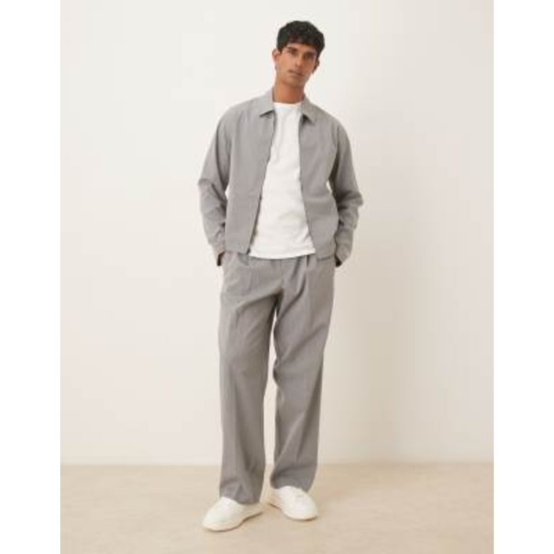 DESIGN dressy cropped harrington jacket set in gray pinstripe