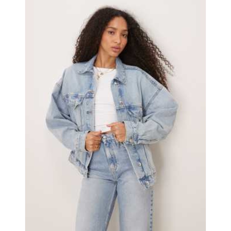 Gina Tricot denim oversized boyfriend jacket in light wash blue