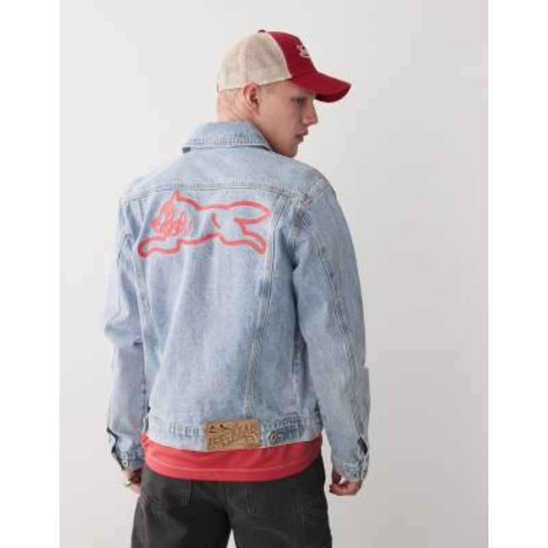 ICECREAM running dog backprint denim trucker jacket in light wash blue