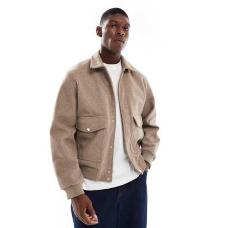 Jack & Jones faux wool bomber jacket with collar in beige