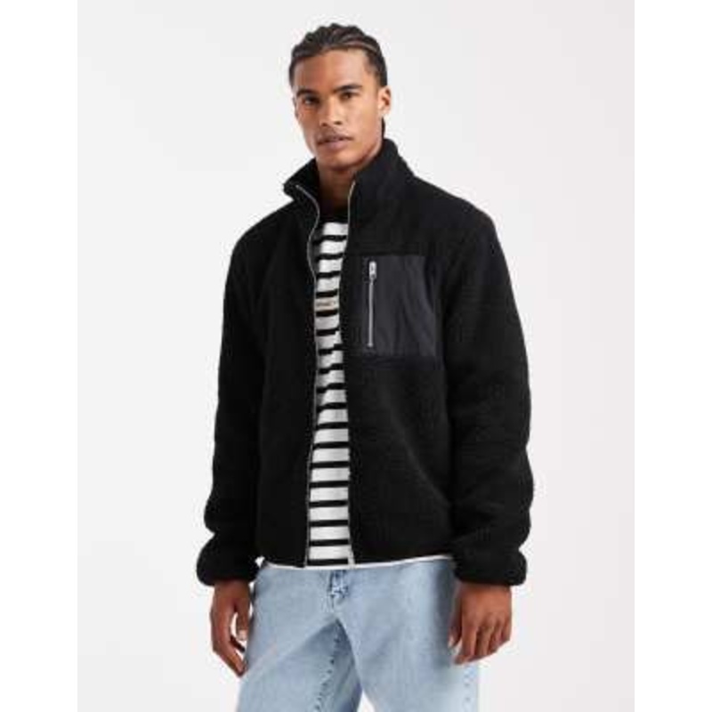 Jack & Jones fleece jacket with pocket in black