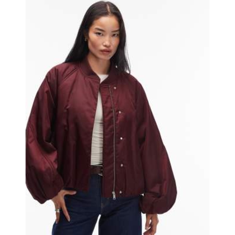 & Other Stories zip front bomber jacket with volume sleeves in burgundy wine