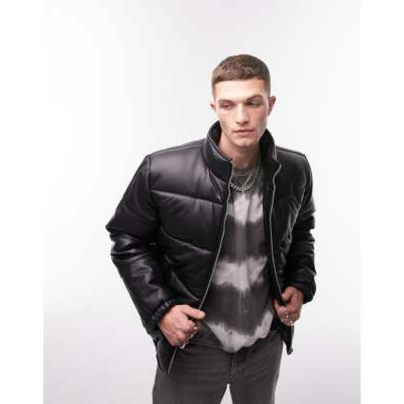 Topman leather puffer jacket in black