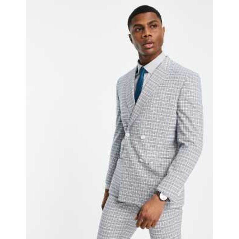 Topman skinny double breasted suit jacket in white and blue check