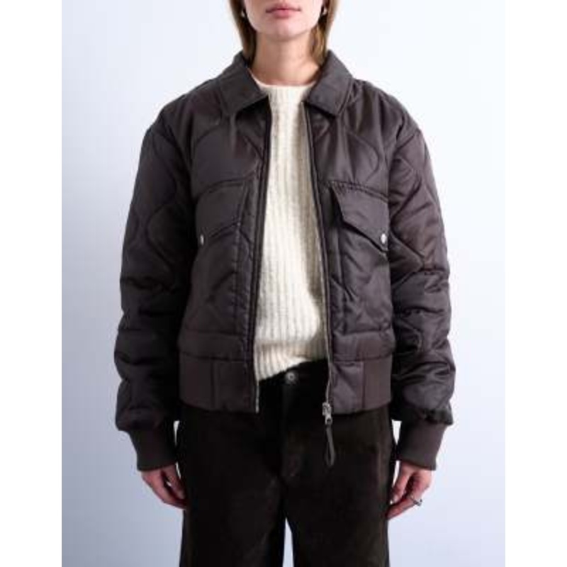 Topshop collared liner cropped bomber jacket in chocolate