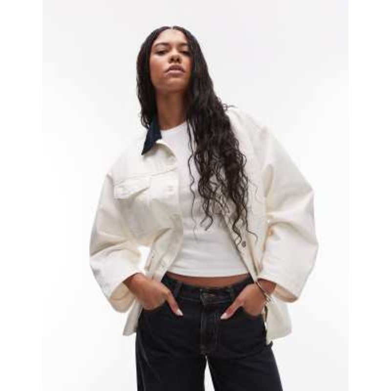 Topshop denim barn jacket with contrast collar in ecru