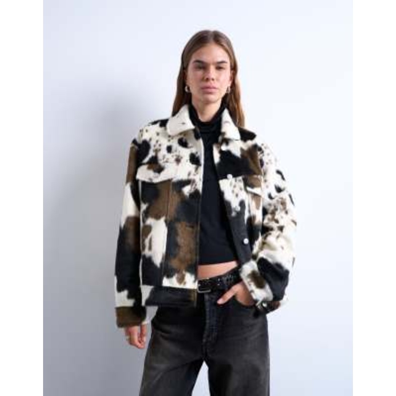Topshop faux fur pony skin western trucker jacket in cow print