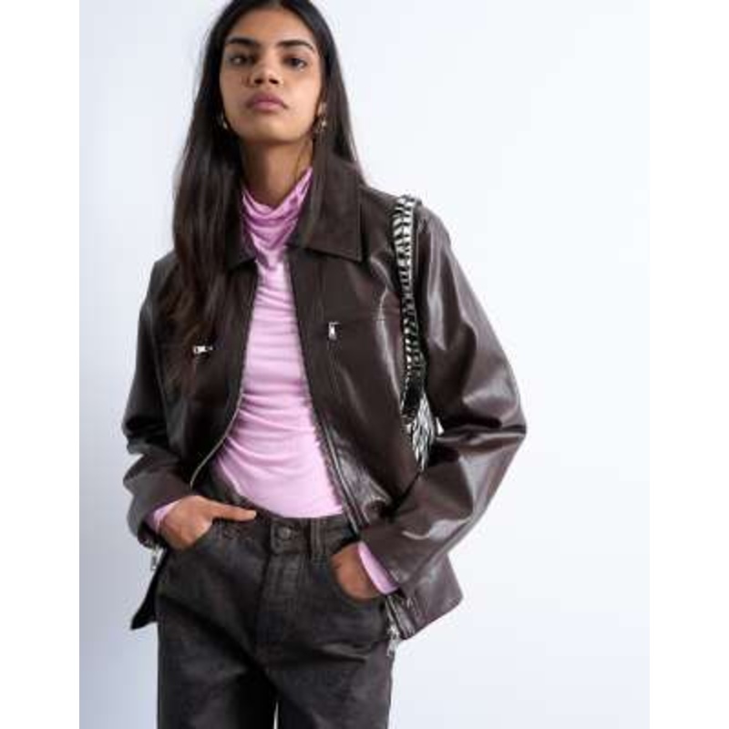 Topshop faux leather clean zip up jacket in deep burgundy