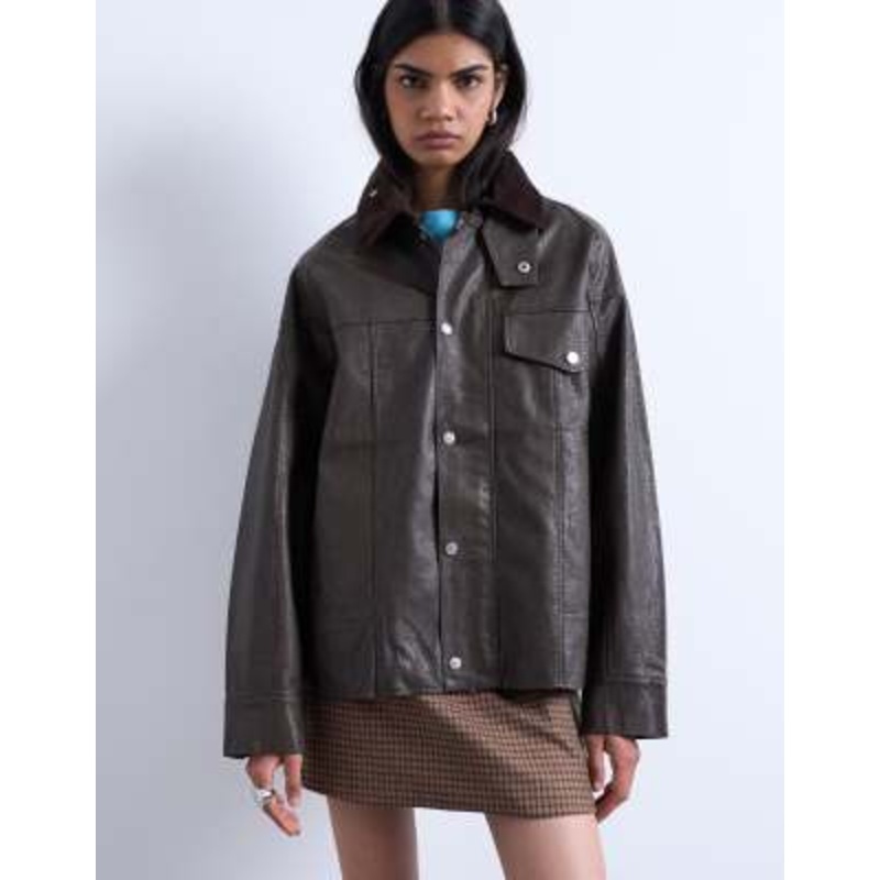 Topshop faux leather cord collar jacket in brown