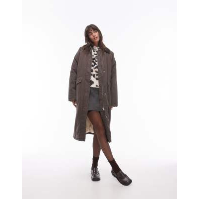 Topshop longline cotton padded jacket with cord collar in brown