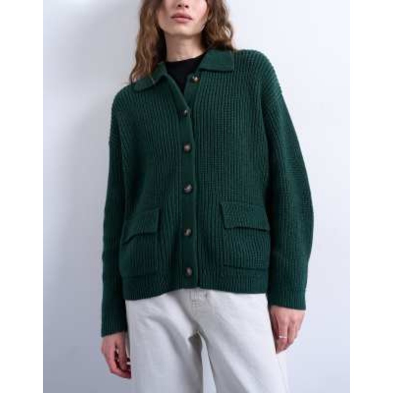 Topshop rib knit double pocket jacket in green